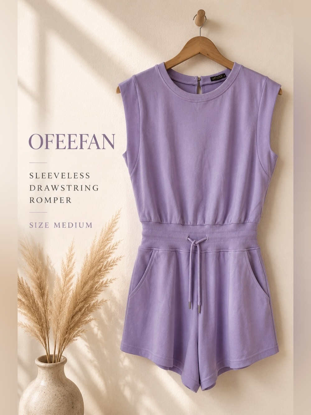 Ofeefan Sleeveless Drawstring Waist Romper Lavender Medium